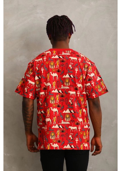 Unisex Oversize Baskılı Bisiklet Yaka T-Shirt - Kırmızı -Vlmr fiyatları