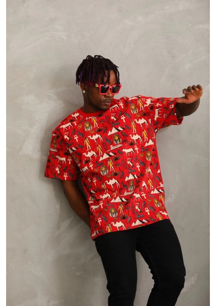 Unisex Oversize Baskılı Bisiklet Yaka T-Shirt - Kırmızı -Vlmr indirimleri