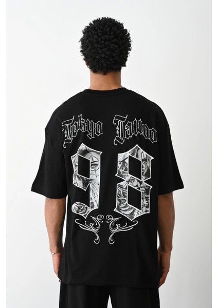 Unisex Baskılı Oversize T-Shirt - Siyah -Vlmr