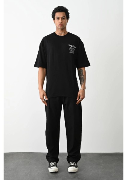 Unisex Baskılı Oversize T-Shirt - Siyah -Vlmr indirimleri
