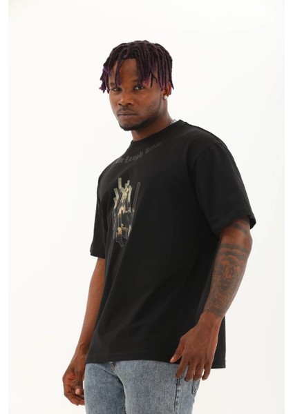 Unisex Oversize Baskılı Bisiklet Yaka T-Shirt - Siyah -Vlmr