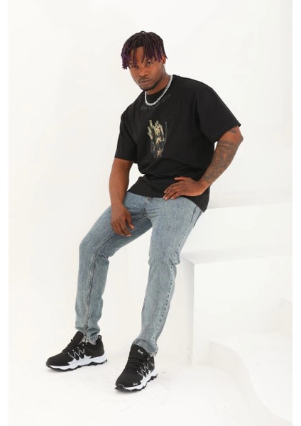 Unisex Oversize Baskılı Bisiklet Yaka T-Shirt - Siyah -Vlmr modelleri