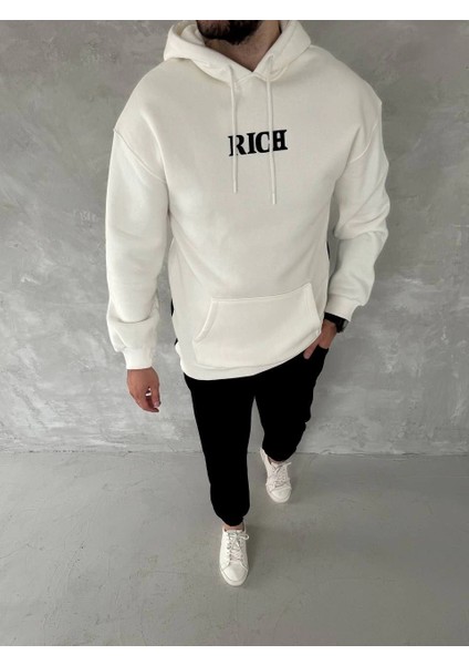 Uzun Kol Kapüşonlu Göğüs Baskılı Sweatshirt - Beyaz -Vlmr