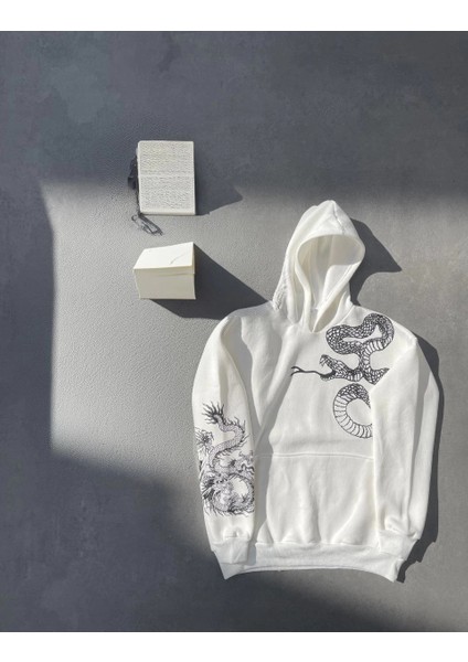 Uzun Kol Kapüşonlu Baskılı Sweatshirt - Beyaz -Vlmr fırsatları