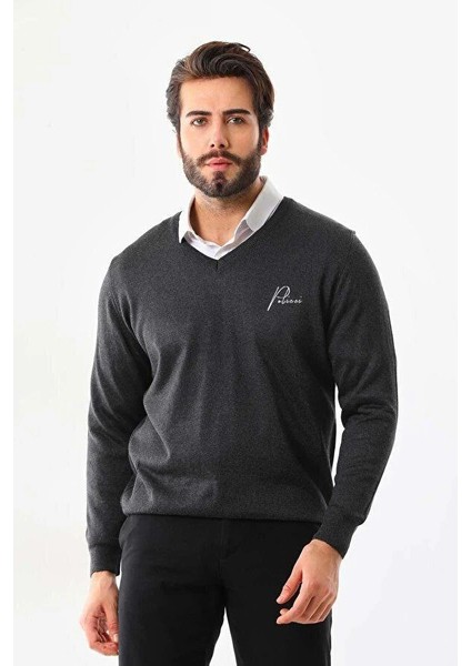 Baskılı V Yaka Uzun Kol Dokuma Triko - Füme -Vlmr