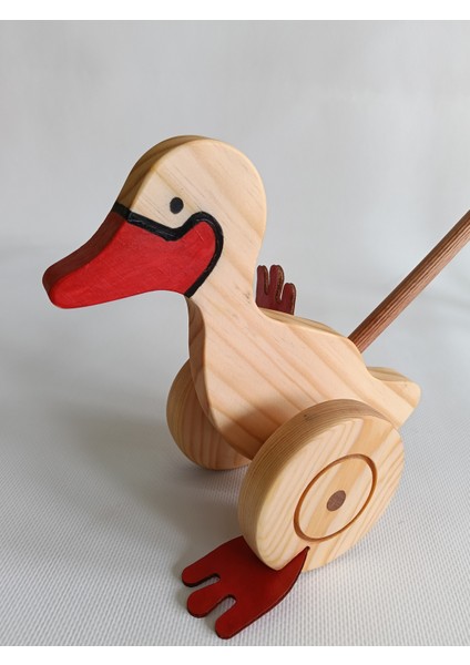 Ahşap Ördek İtme Oyuncağı Bastonlu Yürüyüş Yürüme Yürüteç Arkadaşı Tekerlekli Ördek Figürü Motor Beceri