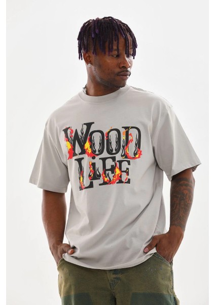 Unisex Baskılı Oversize T-Shirt - Gri -Vlmr