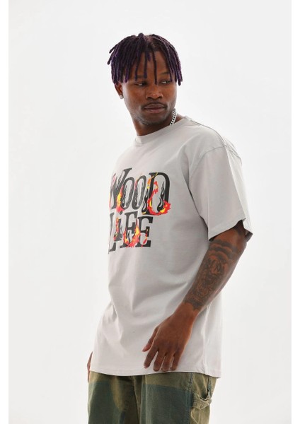 Unisex Baskılı Oversize T-Shirt - Gri -Vlmr fırsatları