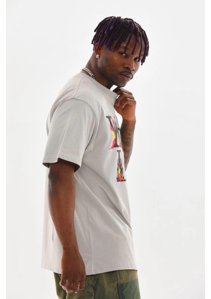 Unisex Baskılı Oversize T-Shirt - Gri -Vlmr indirimleri