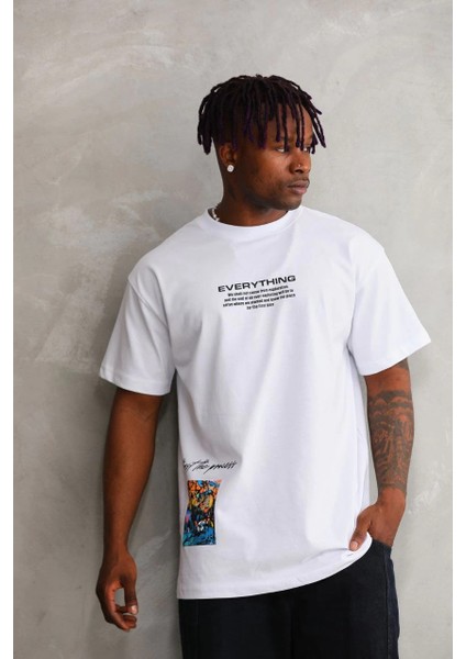 Unisex Bisiklet Yaka Baskılı Oversize T-Shirt - Beyaz -Vlmr