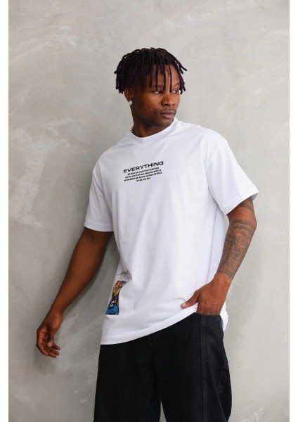 Unisex Bisiklet Yaka Baskılı Oversize T-Shirt - Beyaz -Vlmr fiyatları