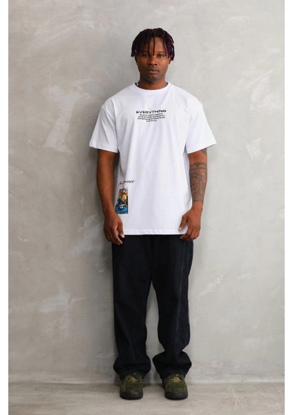 Unisex Bisiklet Yaka Baskılı Oversize T-Shirt - Beyaz -Vlmr fırsatları