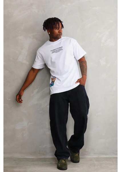 Unisex Bisiklet Yaka Baskılı Oversize T-Shirt - Beyaz -Vlmr indirimleri