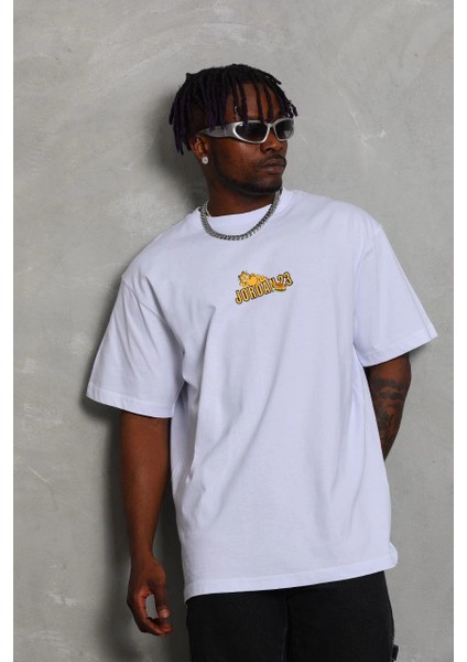 Unisex Bisiklet Yaka Baskılı Oversize T-Shirt - Beyaz -Vlmr