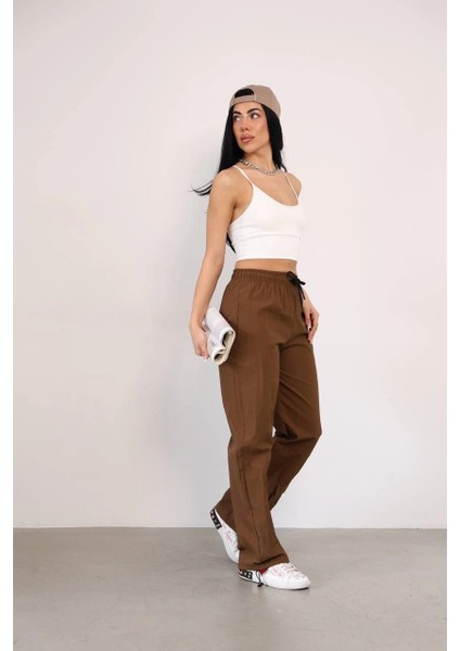 Praşut Kumaş Paça Cepli Baggy Eşofman - Kahve -Vlmr