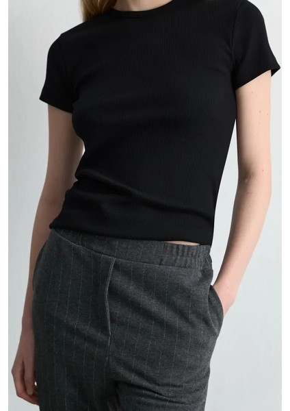 Simli Çizgili Örme Pantolon - Gri modelleri