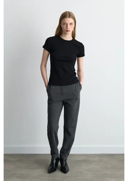 Simli Çizgili Örme Pantolon - Gri fırsatları