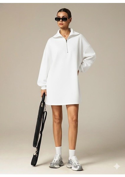3 Iplik Şardonlu Beyaz Oversize Fermuarlı Tunik Sweatshirt - Günlük Spor Elbise fırsatları