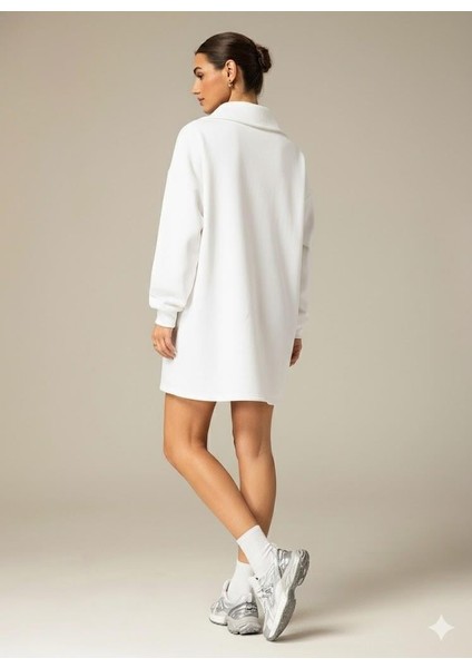 3 Iplik Şardonlu Beyaz Oversize Fermuarlı Tunik Sweatshirt - Günlük Spor Elbise indirimleri