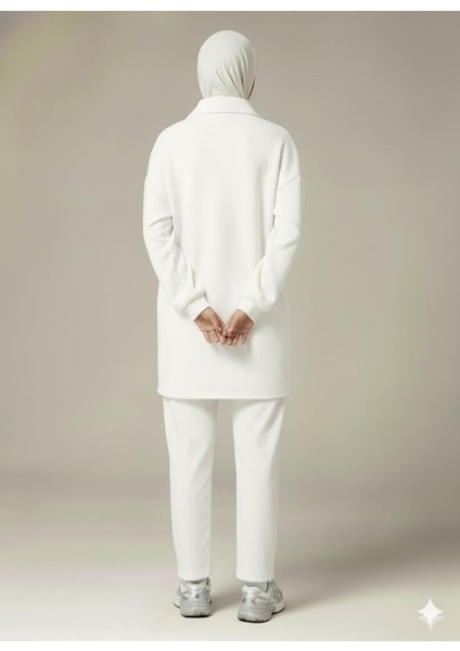 3 Iplik Şardonlu Beyaz Oversize Fermuarlı Tunik Sweatshirt - Günlük Spor Elbise