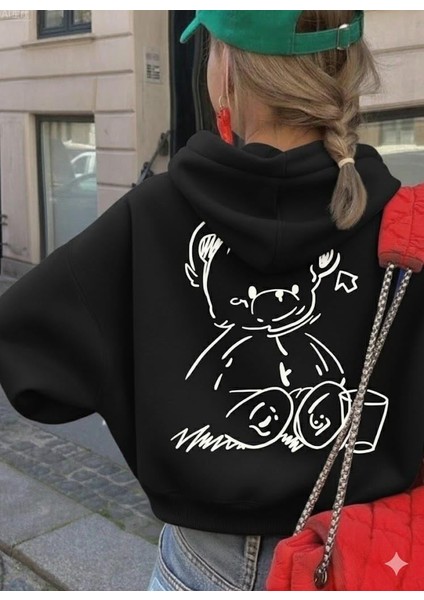 Sevimli Ayıcık Figürlü Rahat Kalıp Çocuk Siyah Sweatshirt