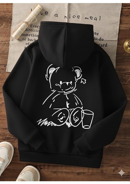 Sevimli Ayıcık Figürlü Rahat Kalıp Çocuk Siyah Sweatshirt modelleri
