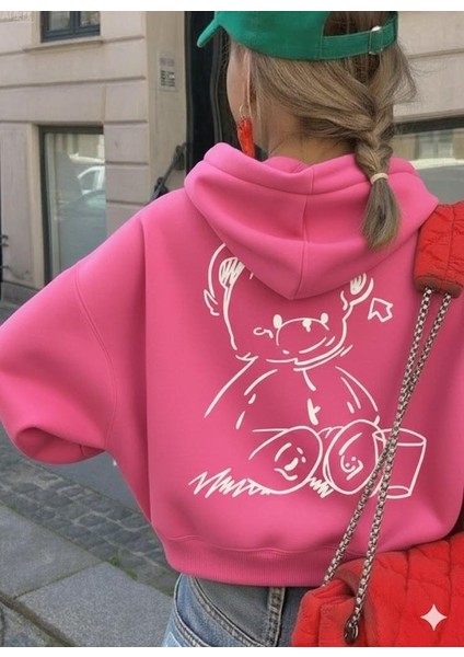 Sevimli Ayıcık Figürlü Rahat Kalıp Çocuk Pembe Sweatshirt