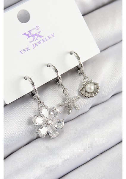 Pirinç Zirkon Taşlı 3'lü Çiçek ve Istiridye Model Gümüş Renk Kadın Küpe