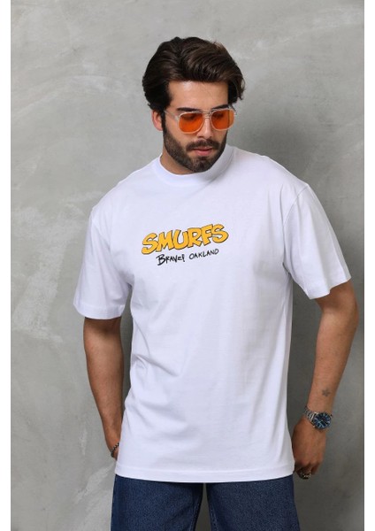 Unisex Bisiklet Yaka Baskılı Oversize T-Shirt - Beyaz -Vlmr