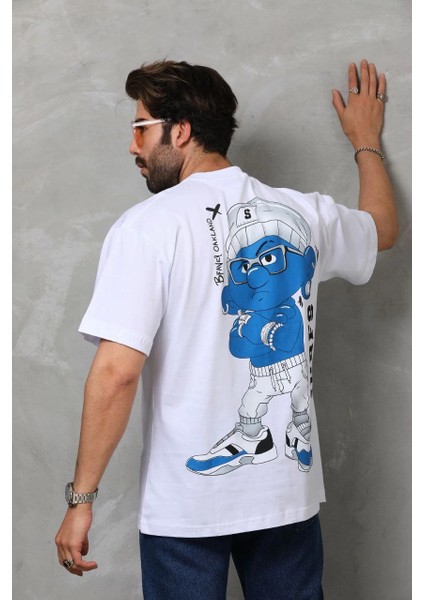 Unisex Bisiklet Yaka Baskılı Oversize T-Shirt - Beyaz -Vlmr modelleri