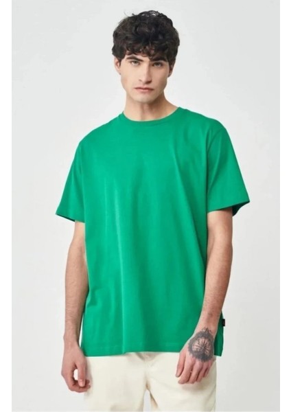 Unisex Düz Biskilet Yaka Oversize T-Shirt - Yeşil -Vlmr