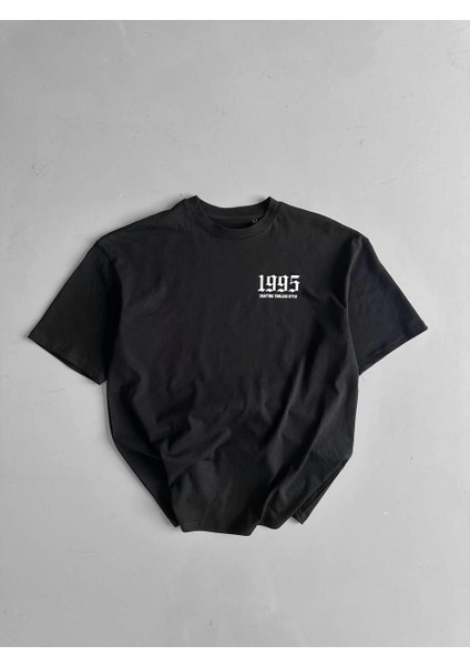 20/1 Penye Compack Baskılı Oversize Bisiklet Yaka Kısa Kol Yazlık T-Shirt - Siyah -Vlmr