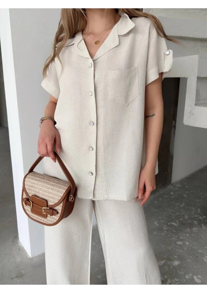 Keten Kısa Kollu Cepli Gömlek Pantolon Ikili Takım - Beyaz -Vlmr modelleri