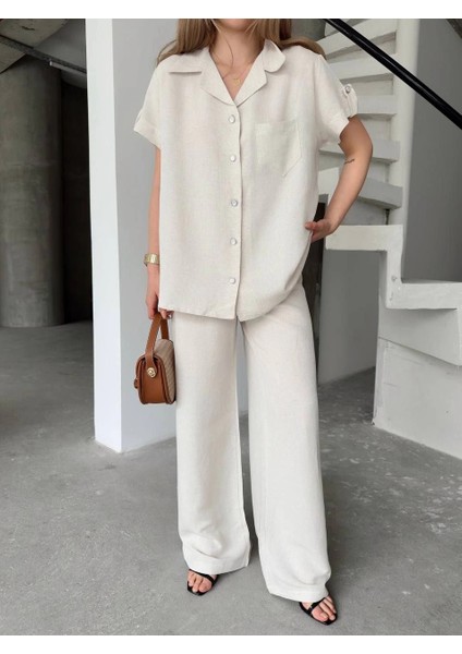 Keten Kısa Kollu Cepli Gömlek Pantolon Ikili Takım - Beyaz -Vlmr fırsatları