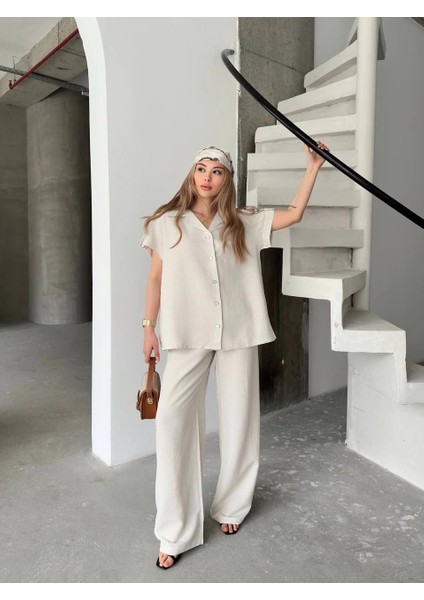 Keten Kısa Kollu Cepli Gömlek Pantolon Ikili Takım - Beyaz -Vlmr indirimleri