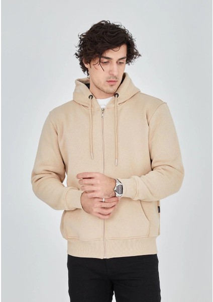 Unisex Tam Fermuarlı Kapşonlu Sweatshirt - Bej -Vlmr modelleri