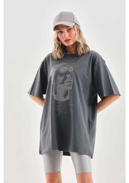 Unisex Taş Desenli Oversize T-Shirt - Füme -Vlmr