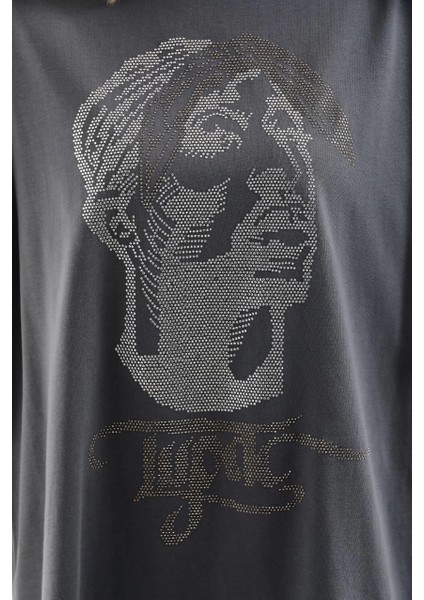 Unisex Taş Desenli Oversize T-Shirt - Füme -Vlmr fiyatları