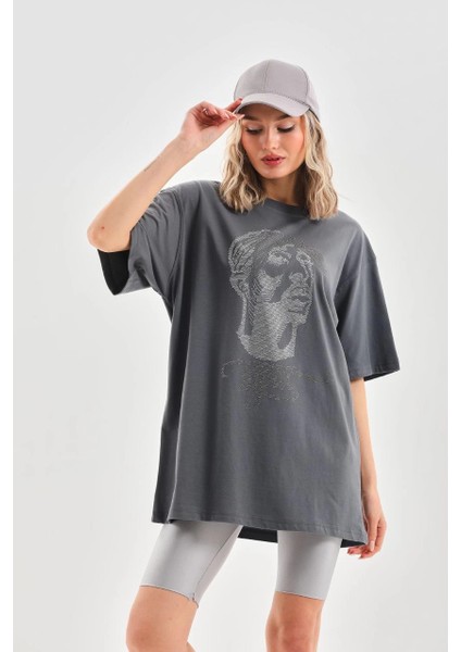 Unisex Taş Desenli Oversize T-Shirt - Füme -Vlmr fırsatları