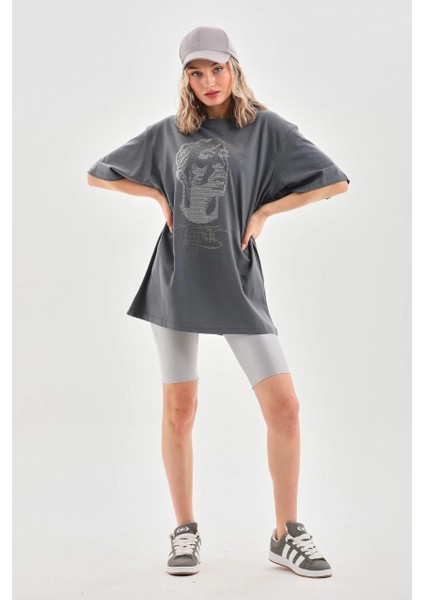 Unisex Taş Desenli Oversize T-Shirt - Füme -Vlmr indirimleri