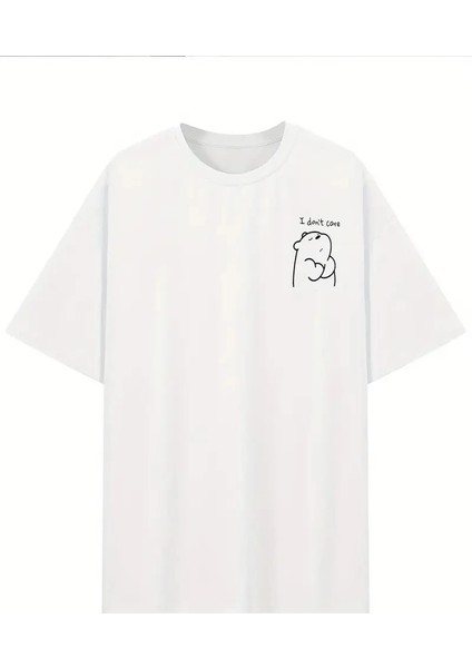 Hafif Kadın Günlük T-Shirt Eğlenceli Karikatür Ayı ve "umrumda Değil" Baskı Beyaz -Vlmr modelleri