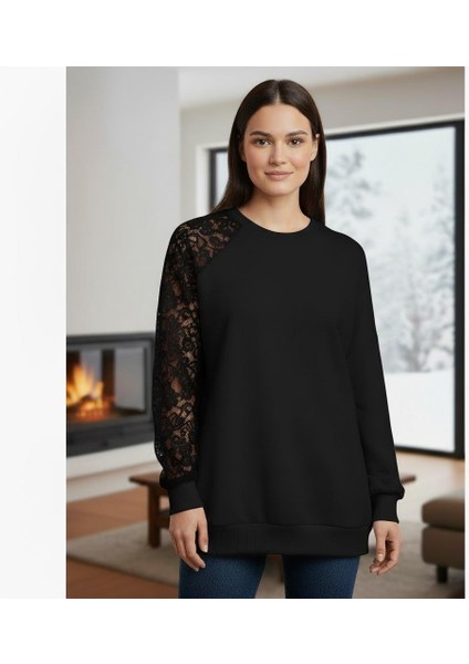 Siyah Dantel Detaylı Sweatshirt – Şık ve Rahat Günlük Kadın Üst – Yumuşak Kumaş