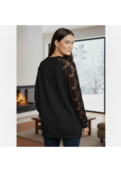 Siyah Dantel Detaylı Sweatshirt – Şık ve Rahat Günlük Kadın Üst – Yumuşak Kumaş modelleri