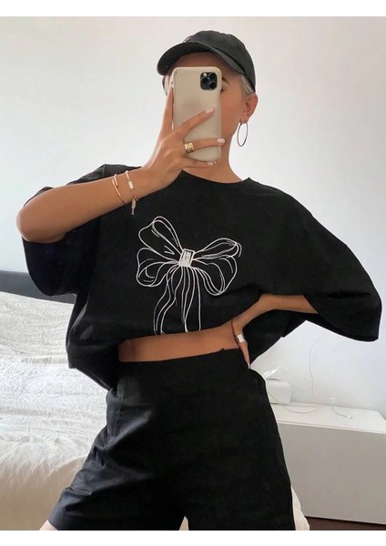 Kadın Baskılı Oversize T-Shirt - Siyah -Vlmr
