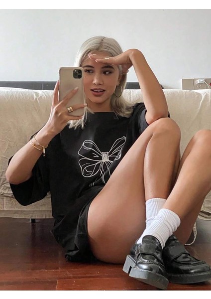 Kadın Baskılı Oversize T-Shirt - Siyah -Vlmr modelleri