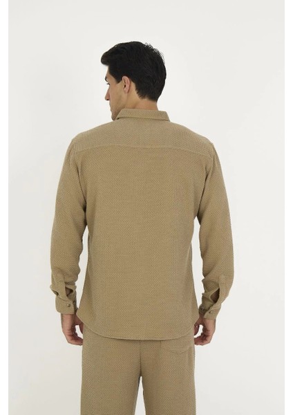 Düğmeli Tam Kalıp Uzun Kol Jakar Gömlek - Kahverengi -Vlmr modelleri