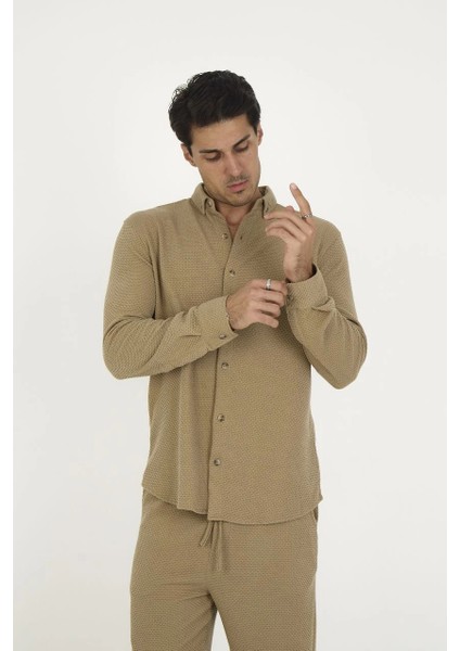 Düğmeli Tam Kalıp Uzun Kol Jakar Gömlek - Kahverengi -Vlmr fırsatları