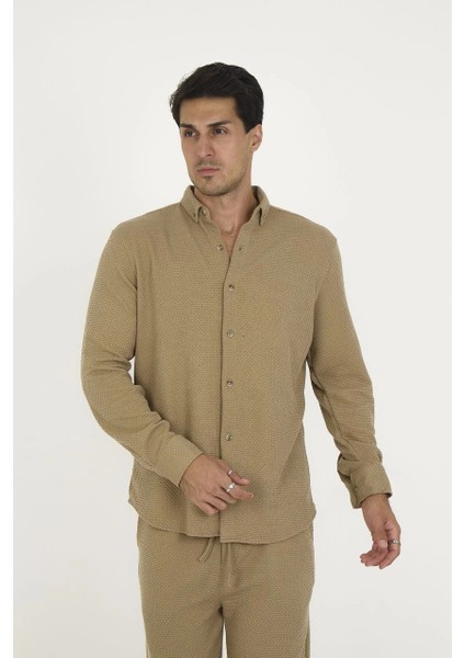 Düğmeli Tam Kalıp Uzun Kol Jakar Gömlek - Kahverengi -Vlmr indirimleri