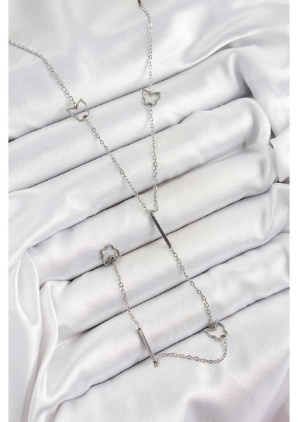 316L Çelik Kelebek Figürlü Y Model Gümüş Renk Kadın Kolye fiyatları