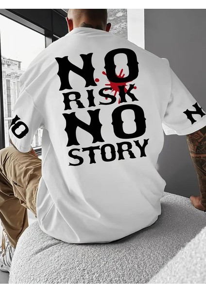 No Risk No Story Baskılı Oversize Bisiklet Yaka T-Shirt - Beyaz -Vlmr